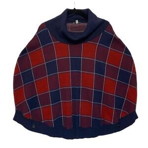 Talbots Windowpane Plaid Cowl Neck Cozy Shawl Cape Women's Sz M Navy Red